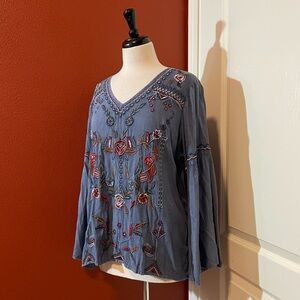 Scully Women’s NWT Blue‎ Embroidered V Neck Bell Sleeve Western Boho Blouse Top
